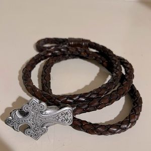 Leather Braided Cord Pewter Cross belt